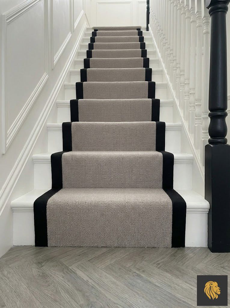 Grey wool loop pile stair runner with a black border, Chelsea townhouse