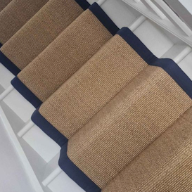 sisal boucle stair runner with a navy border