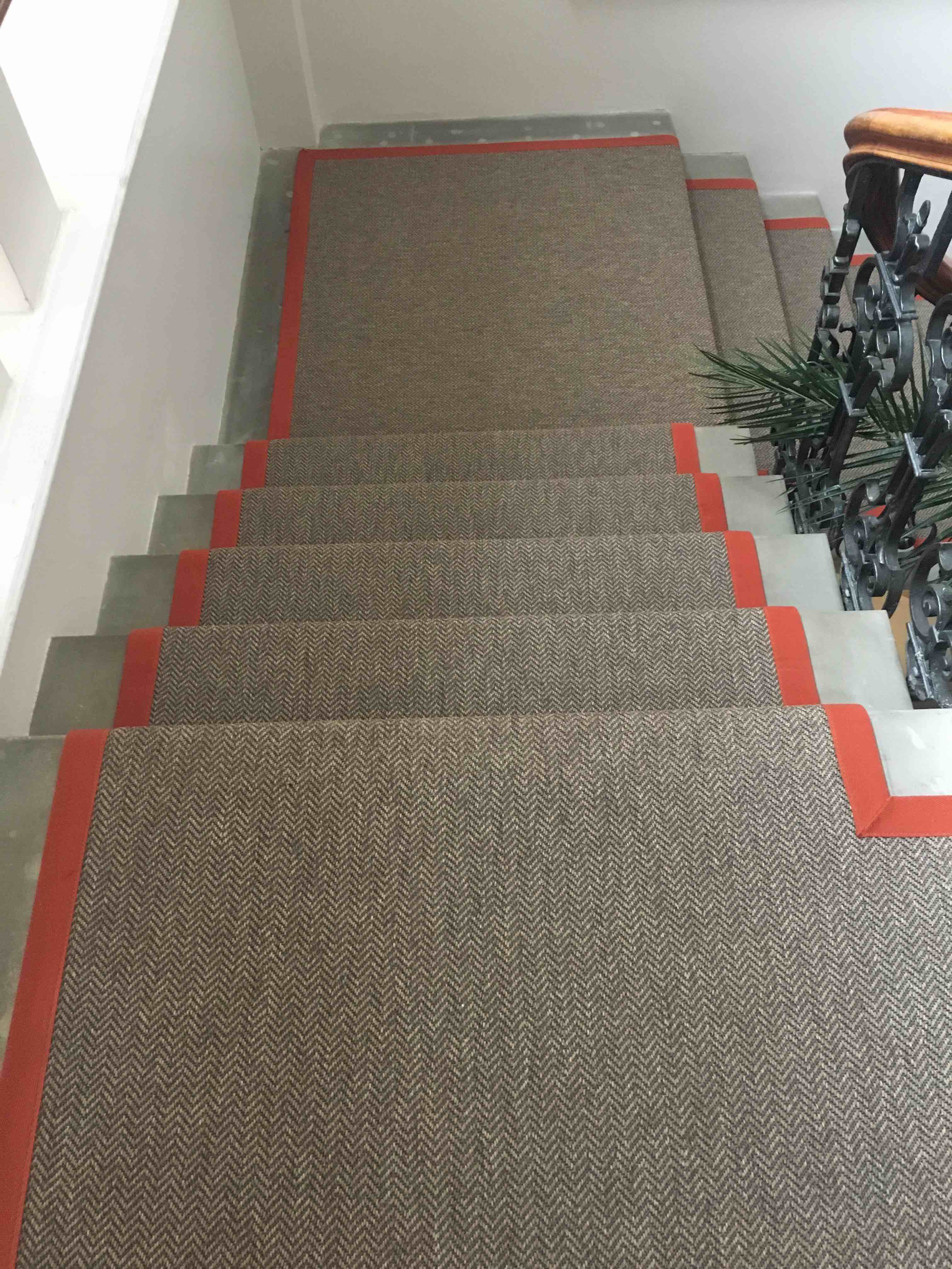 Sisal herringbone stair runner with an orange cotton border, Chiswick